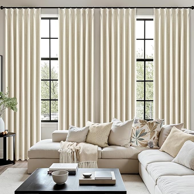 MIULEE Cream Pinch Pleated 100% Blackout Linen Curtains for Bedroom, Room Darkening Memory Trained Light Blocking Window Curtains 96 inches Long for Living Room, Black Out Pleat Drapes, 2 Panels