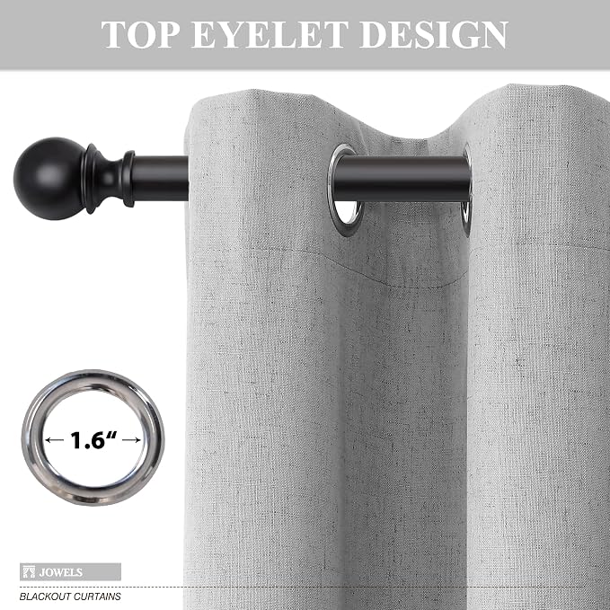 Jowels Grey Linen Blackout Curtains 84 Length 2 Panels Set for Living Room Bedroom, 100% Black Out Thermal Insulated Linen Drapes, Room Darkening Grommet Curtains 84 Inches Long