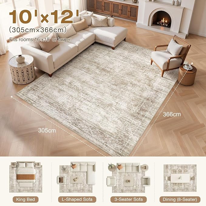 cotiled Washable Area Rugs 10x12 Living Room | Non Slip Backing, Stain Resistant, Pet Friendly, Large Neutral Soft Indoor Carpet For Bedroom, Nursery, Office, Beige/Brown
