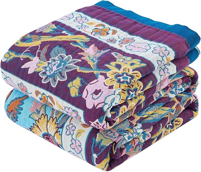 XIBLC Fall Blanket for Bed, 100% Cotton Soft Rustic Boho Throw Blanket Quilt, 60"x80" Farmhouse Decor Bed Flower Blankets, Light Weight Reversible Bohemian Throw Quilt
