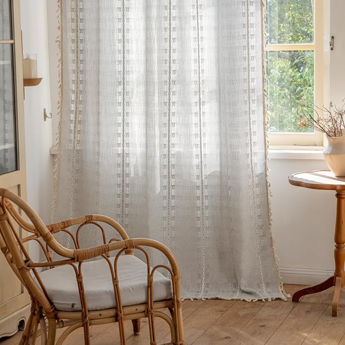 Deeprove Silver Grey Boho Curtain 84 inches Length for Living Room Bedroom Nursery Doorway, Cream Bohemian 84 inches Long, Stripe Embroidery Privacy Window Fringe Christmas Decor W52 x L84, 1 Panel
