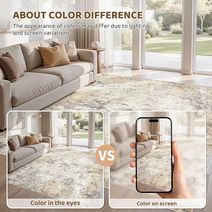 UERMEI 6x9 Washable Area Rug - Neutral Modern Abstract Living Room Rugs, Non-Slip Soft Large Indoor Floor Carpet for Bedroom Home Office & Under Dining Table Decor, Golden Grey