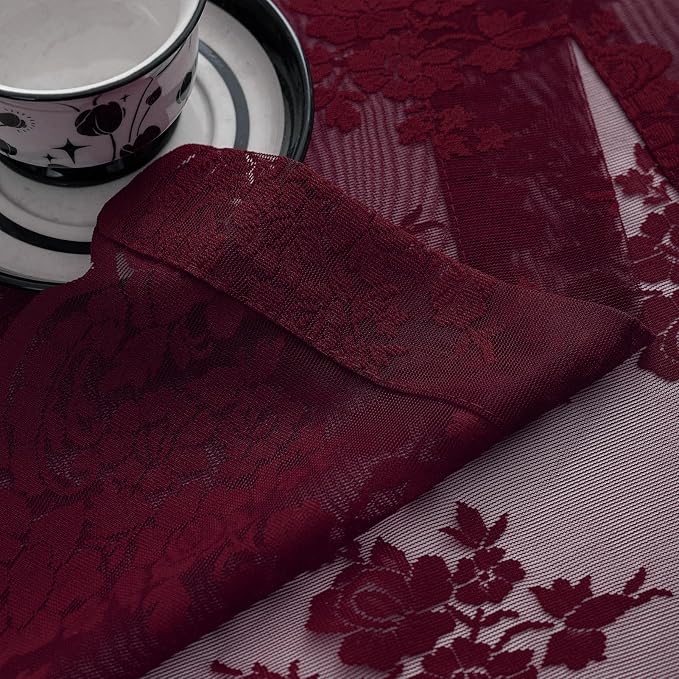 Kotile Burgundy Lace Curtains Short 30 Inch Length 2 Panels Cottagecore Floral Maroon Sheer Kitchen Curtains Over Sink, Rod Pocket Privacy Light Filtering Window Lace Cafe Curtain, 42 x 30 Inch