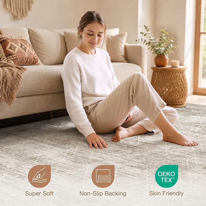 cotiled Washable Area Rugs 9x12 Living Room | Non Slip Backing, Stain Resistant, Pet Friendly, Large Neutral Soft Indoor Carpet For Bedroom, Nursery, Office, Beige/Brown