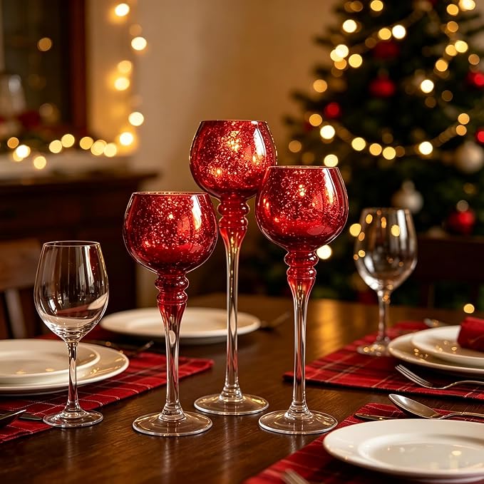 Hosley Set of 3 Crackle Red Glass Tealight Holders - 12 Inch, 10 Inch, 9 Inch Ideal for Weddings Special Events Parties Also Makes a Great Gift