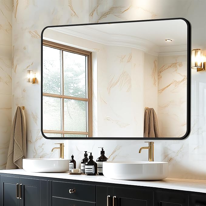 Delma Bathroom Mirror, Black Framed Bathroom Mirror for Over Sink, High-Definition Vanity Mirror, Versatile Mirror for Bathroom, Hangs Horizontally or Vertically(40x28, Black)