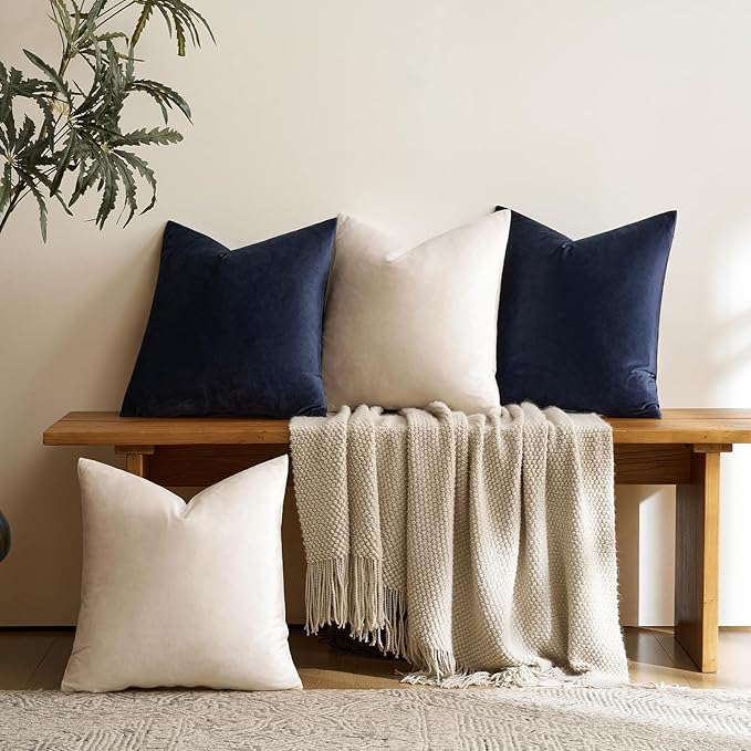 GIGIZAZA Decorative Velvet Pillow Covers - 16x16 Throw Pillows Soft Navy Blue Beige Covers Accent for Couch Living Room Bed Square Modern Luxury Cushion Covers Home Decor Set of 4