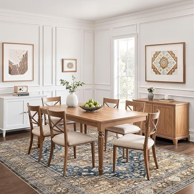 10x12 Area Rug Living Room: Washable Boho Large Neutral Vintage Soft Rugs Stain Resistant Farmhouse Non-Slip Indoor Floor Carpet for Bedroom Nursery Kids Office Dining Room Playroom- Yellow Blue