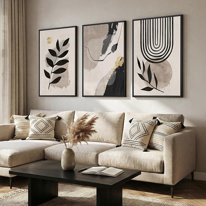 3 Piece Framed Black and White Boho Wall Art for Living Room, Large Abstract Botanical Plant Canvas Prints Paintings, Minimalist Leaf and Geometric Artwork for Dining Room Bedroom 24x36 Inch