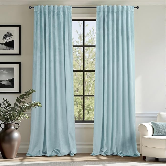 Light Blue Velvet Room Darkening Curtains 96 Inches Long for Living Room Bedroom Pale Blue Sky Noise Reducing Light Blocking Black Out Thermal Insulated Summer Heat Privacy Drapes 2 Panels Back Tab