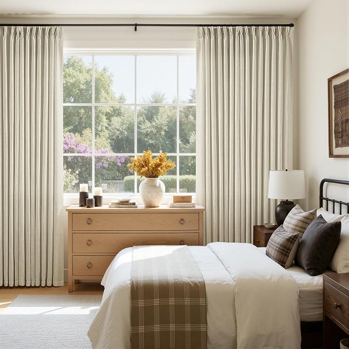 Extra Wide Pinch Pleat 100 x 90 Inch Linen Curtains for Living Room Neutral Beige Light Filtering Semi Sheer Pleated Curtains for Patio Glass Sliding Door Dining Bedroom Large Window 100x90 1 Panel