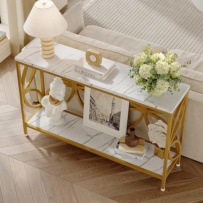GiftGo Narrow Sofa Table 47.2 Inch, Industrial Sofa Table Behind Couch, Vintage Entry Console Table with Storage for Entryway, Living Room, Foyer, Elegant Design (White and Gold, 47.2)