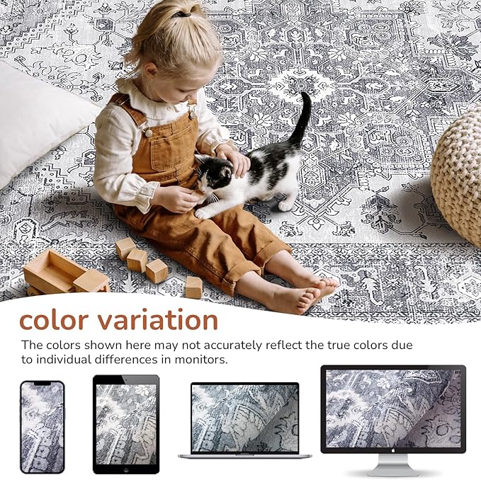 OPPODREAM Soft Round Rug 8ft, Play Room Rug, Washable Circle Rug 8ft with Non Slip Backing, Small Low-Pile Area Rugs 8 ft, Faux Cashmere Throw Carpet, Grey
