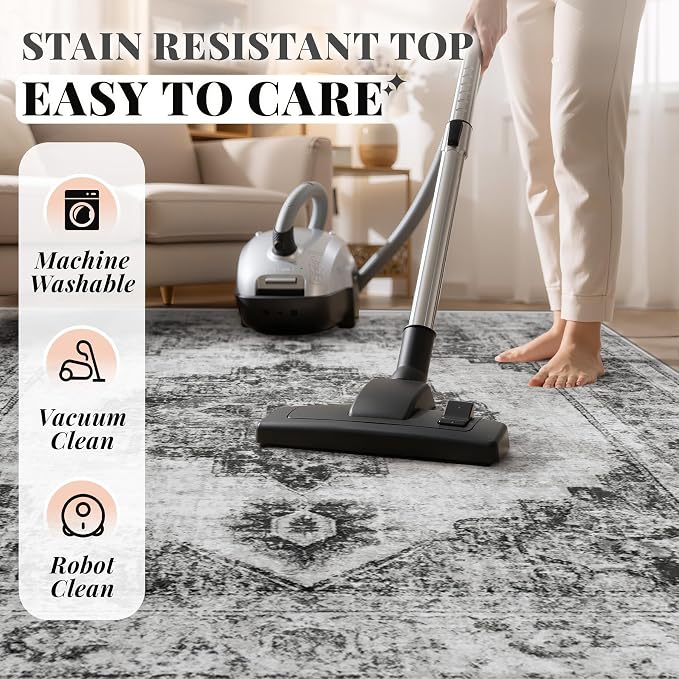 Area Rug 8x10 Vintage Rugs: Large Washable Indoor Medallion Rug Low Pile Distressed Floor Carpet Retro Accent Rugs for Living Room Bedroom Kitchen Dining Table Home Office(Black, 8'x10')