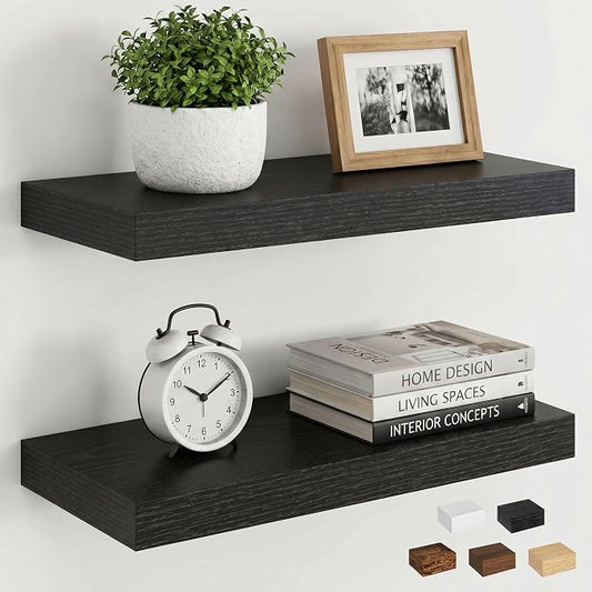 Dreamland Black Floating Shelves, Wall Mounted Shelves for Storage and Home Decor, Rustic Wood Shelves for Bathroom, Living Room, Bedroom and Kitchen, 16" x 6.7" Set of 2