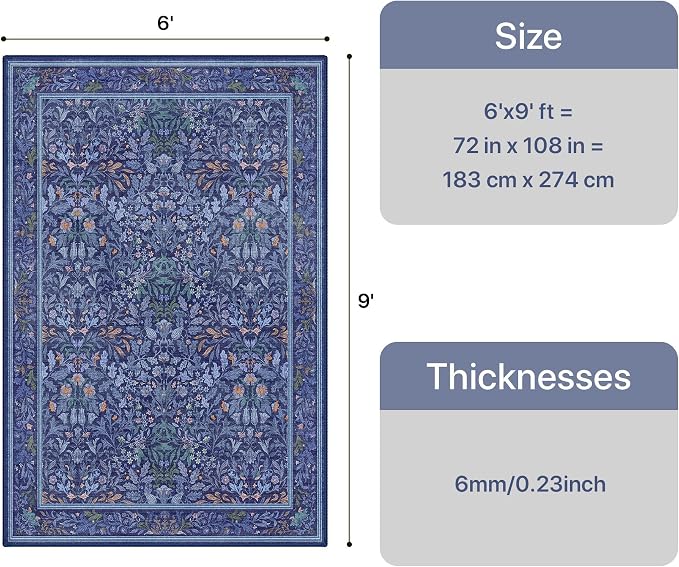 GENIMO 6x9 Washable Living Room Area Rug, Non Slip, Blue | Vintage Boho Floral Low Pile Thin Carpet for Bedroom, Dining Room, Nursery, Indoor Decor