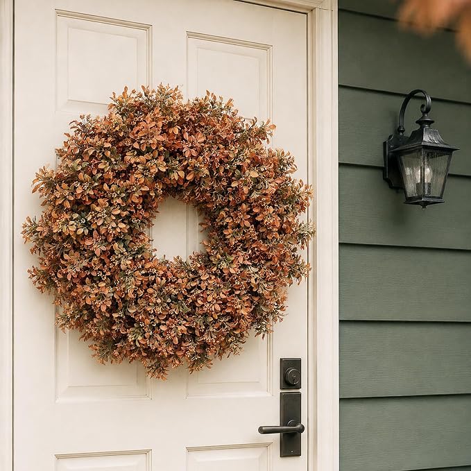 26" Artificial Fall Boxwood Wreath for Front Door Decor(Autumn Orange) | Large Wreath,Gradient Orange Leaves,Faux Aglaia Odorata Wreath,Window Wall Farmhouse Outdoor Decor for Harvest Thanksgiving