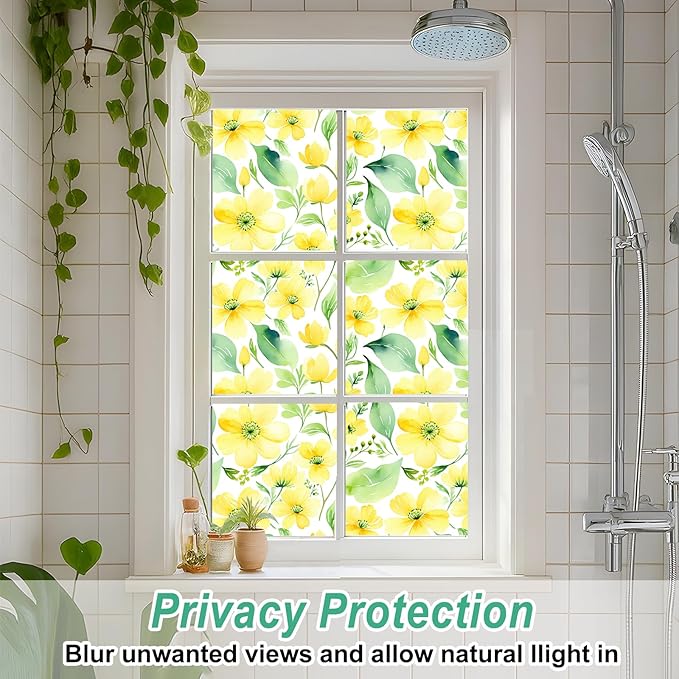 SOMWISE Frosted Glass Window Privacy Film with Tools, Heat Blocking, Anti-UV, Anti-Glare, Static Cling, Decor for Home Bathroom Door, Renter Friendly, Removable, Reusable, Yellow 17.5Inchx157Inch