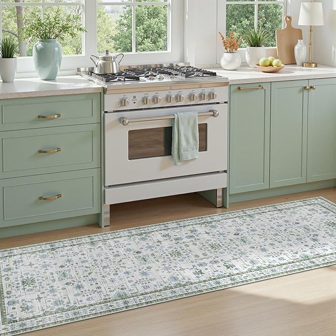 DCX 2x6 Runner Rug, Small Vintage Boho Area Rug, Washable Non Slip Rug Runner Carpet for Kitchen Floor, Hallway, Laundry, Bedroom Low Pile Soft Pastel Runner Green and Cream