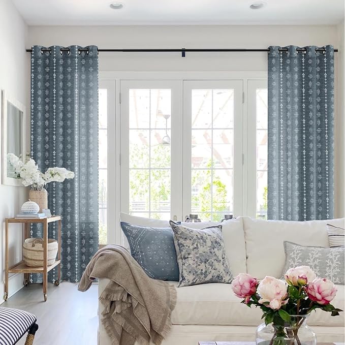 Vintage Washed Navy Blue Boho Farmhouse Linen Curtains for Bedroom Living Room, Dark Denim Chambray Floral Sheer Patterned Western Navajo Distressed Curtains 84 Inch Length