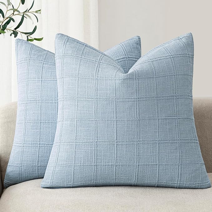Foindtower Set of 2 Decorative Linen Check Throw Pillow Covers Neutral Farmhouse Vintage Cushion Covers Modern Boho Accent Home Decor for Sofa Chair Couch Bedroom Living Room,24×24 Inch,Sky Blue