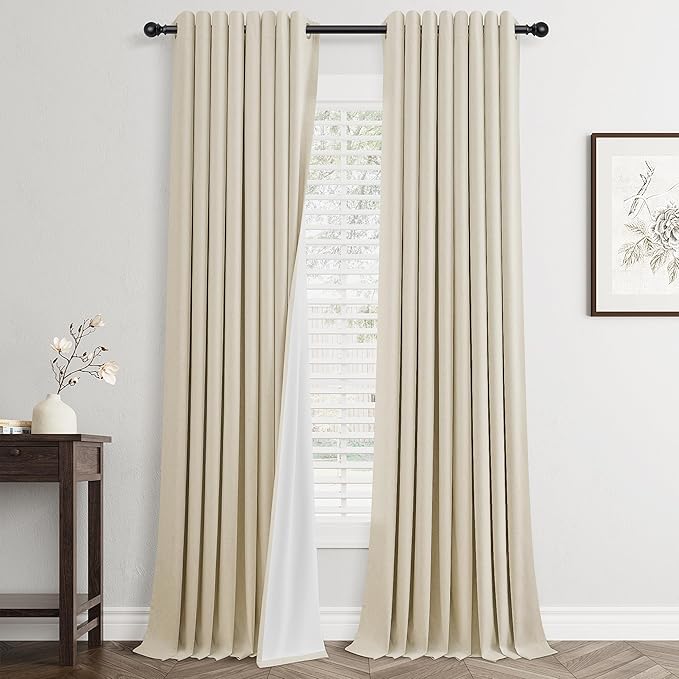 Jowels Warm Beige Linen Blackout Curtains 102 Length 2 Panels Set for Living Room Bedroom, 100% Black Out Thermal Insulated Linen Drapes, Room Darkening Grommet Curtains 102 Inches Long