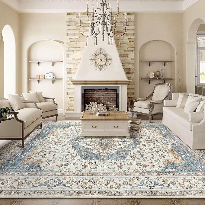 12x15 Area Rugs for Living Room - Large Carpet Ultra Thin Soft Washable Oriental Vintage Floral Distressed Big Indoor Carpets for Bedroom Nursery Dorm Home Decor Aesthetic - Blue/Beige