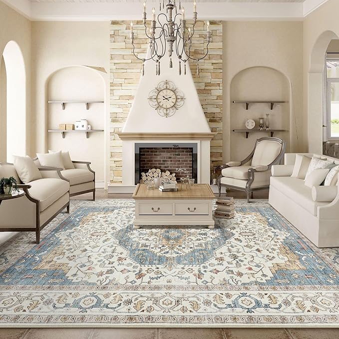 8x11 Area Rugs for Living Room - Large Carpet Ultra Thin Soft Washable Oriental Vintage Floral Distressed Rug Big Indoor Carpets for Bedroom Nursery Dorm Home Decor Aesthetic - Blue/Beige