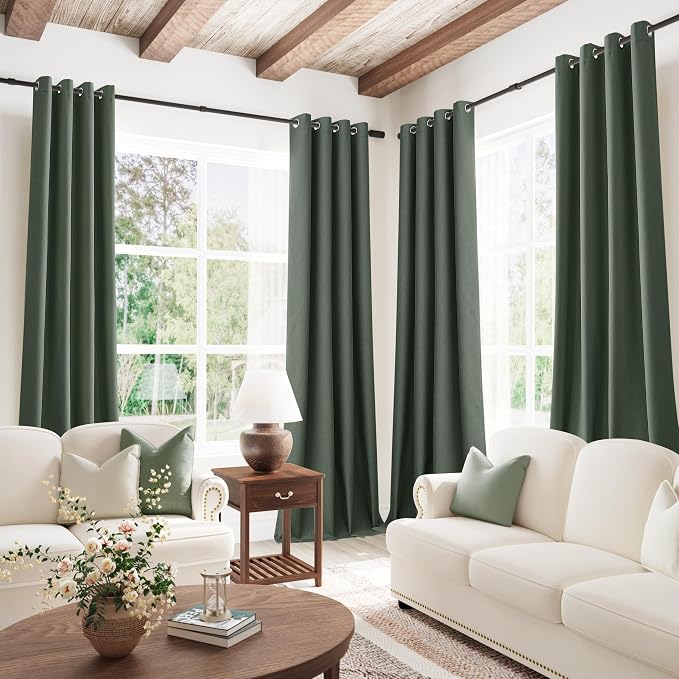 Jowels Olive Green Linen Blackout Curtains 102 Length 2 Panels Set for Living Room Bedroom, 100% Black Out Thermal Insulated Linen Drapes, Room Darkening Grommet Curtains 102 Inches Long