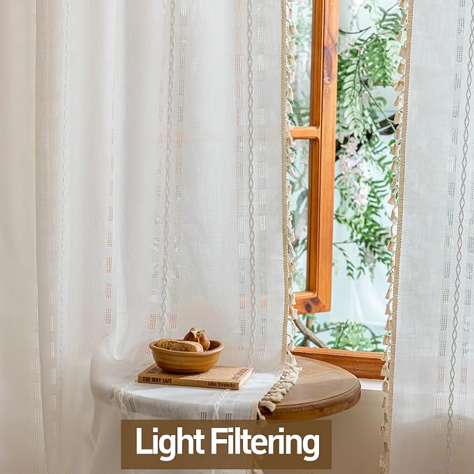 Ivory White Boho Short Curtains 54 inches Long 2 Panels for kitchen Windows, Bohemian Semi Sheer Drapes, French Country Tassels Vintage Chic Embroidery Window Treatments,Back Tab & Rod pocket 50"W
