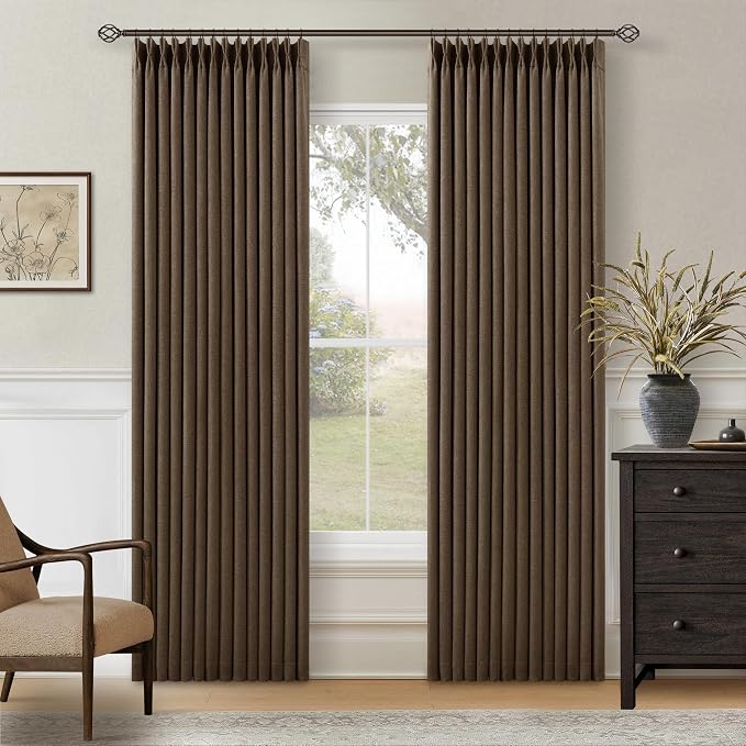 Dutch Cocoa Blackout Pinch Pleat Curtains 84 Inches Long 2 Panels for Living Room Bedroom 100% Black Out Linen Dual Layer Pleated with Hooks Rings Back Tab Room Darkening Drapes 84 Inch Length