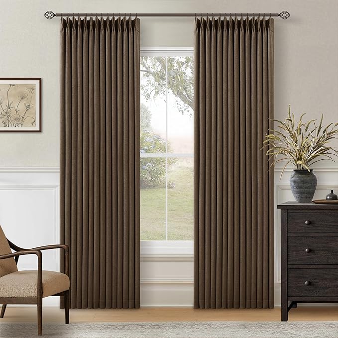 80 Inch Brown Linen Blackout Curtains for Living Room 100% Black Out Pinch Pleat Hooks for Living Room Back Tab Thick Linen Textured Pleated Drapes Light Blocking Loden Bedroom Window Curtains