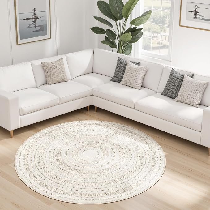 cotiled 5x5 Round Area Rugs Living Room Rug: Washable Boho Rugs with Non Slip Backing Large Soft Indoor Stain Resistant Carpet for Bedroom Farmhouse Dining Room Lightweight Home Decor Brown/Cream