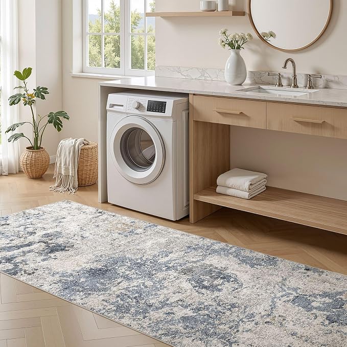 Hallway Washable Runner Rug: 3x10 Abstract Modern Soft Stain Resistant Non-Slip Backing Runner for for Entryway Kitchen Laundry - Blue Brown