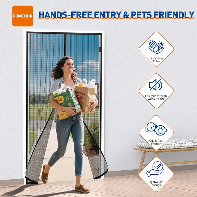 MAGZO Magnetic Screen Door with Full Strip Magnets, Fit Door Size 32 x 80 Inch, Screen Size 34" x 81" Magnets Net with Full Frame Hook & Loop for Patio Entrance, Black