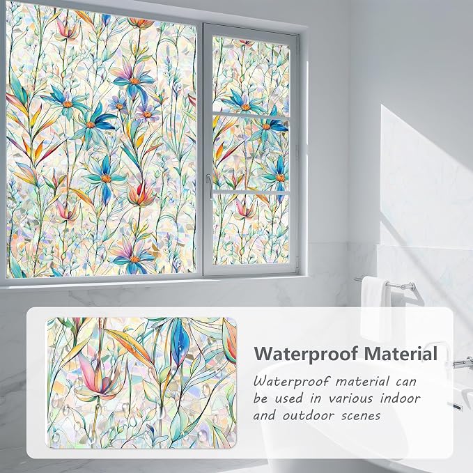 FINNEZ Window Privacy Film Stain Glass Film Flowers Rainbow Window Film Window Clings Non-Adhesive Reusable Decorative for Home（Blue Lotus，23.6 Inch x 13.1 Feet）