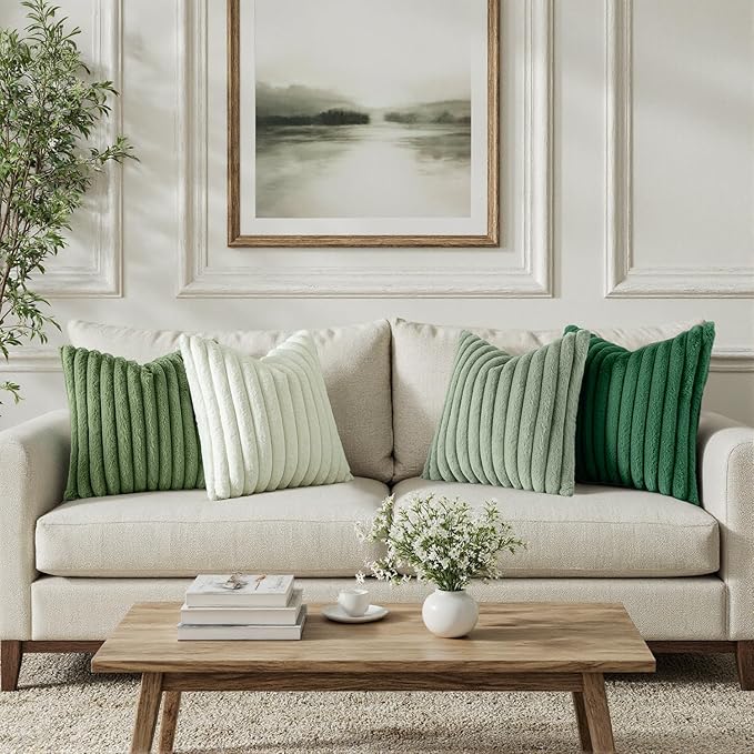 MIULEE Faux Fur Plush Decorative Throw Pillow Covers 18x18 Set of 4, Spring Modern Soft Fuzzy Striped Cushion Covers for Sofa Couch Bed Living Room Cozy Home Decor,Green