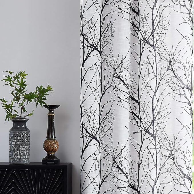 FMFUNCTEX Tree Print Semi Sheer Patio Door Curtain 96 Inches Black Branch White Sliding Door Curtains Extra Wide Privacy Glass Door Curtain, Linen Texture Curtains Grommet Top1 Panel
