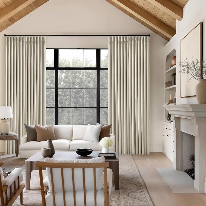 Taupe Pinch Pleated 112 Inch Linen Blackout Curtains 2 Panels for Living Room Bedroom Thermal Insulated 100% Black Out Linen Drapes with Liner Room Darkening Window Curtains Burlywood Birch 40x112