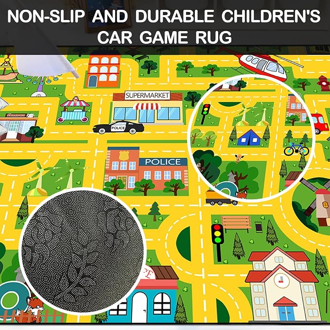 Car Rug Play Mat for Boys Girls Fun Yellow Road Rug for Bedroom Playroom, Fun Car Carpet for Room Decor City Carpet with Race Track, Street, Animal, 4.5x6 Feet