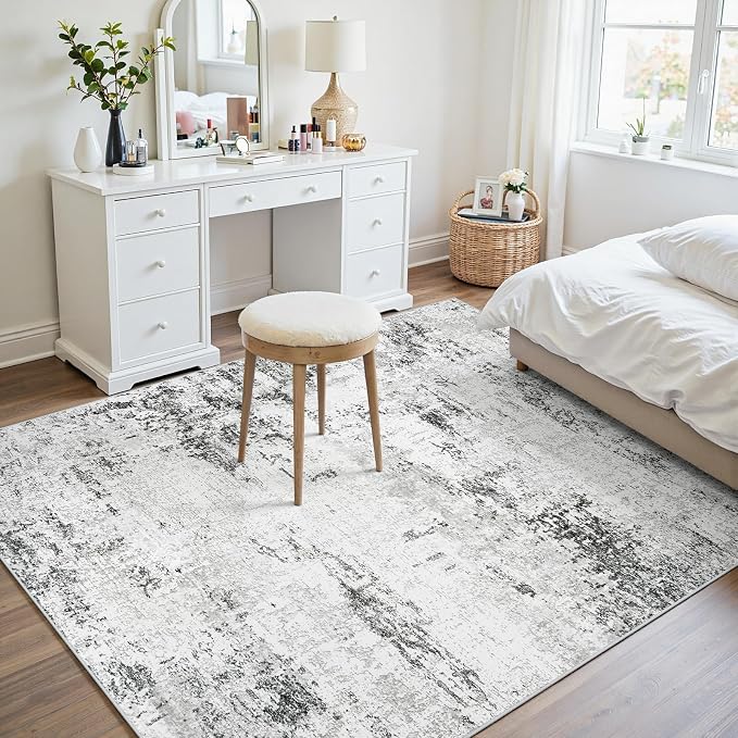 Area Rugs 6x9 Living Room: Large Modern Abstract Washable Rug Soft Anti-Skid Non-Shedding Carpet Indoor Floor Thin Carpets for Bedroom Dining Room Farmhouse Nursery Home Office White Grey Black