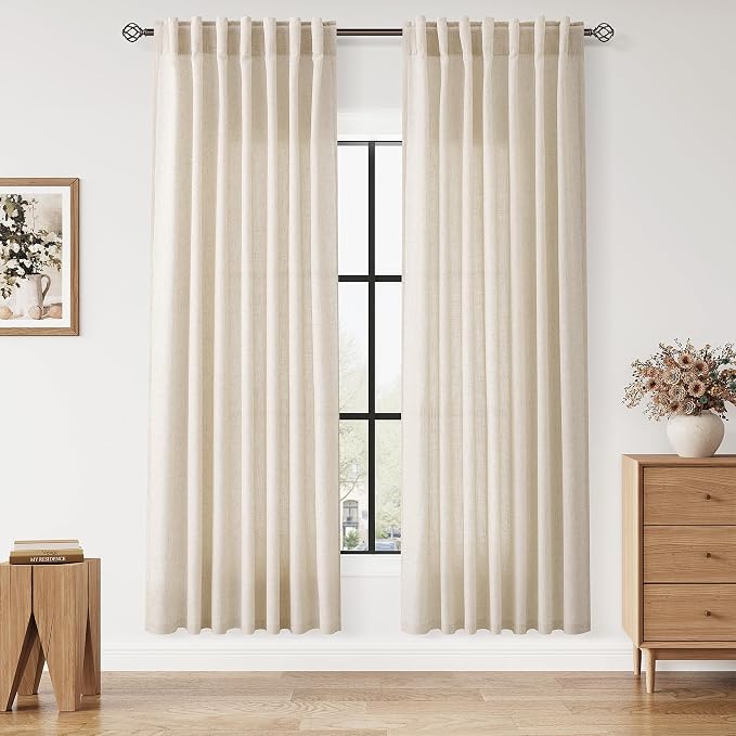 Linen Curtains for Living Room 80 Inches Long Modern Farmhouse Decor Light Filtering Semi Sheer Curtain Back Tab Neutral Luxury Rustic Burlap Coastal Drapes for Bedroom Office 52x80, 2 Panels