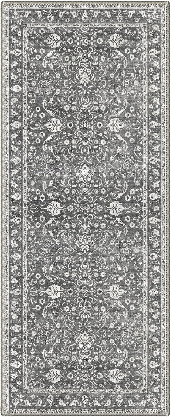 Bavni 2x5 Rug Runners for Hallways, Washable Runner Rug Non Slip, Vintage Floral Floral Rugs for Bedroom, Lightweight Low Pile Carpet for Hallways Bathroom, Charcoal Gray