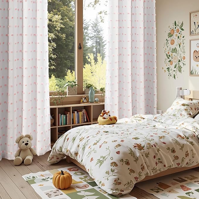 MYSKY HOME 100% Blackout Curtains for Living Room Extra Long White Curtains 102 Inch Length Total Room Darkening Girls Room Drapes Thermal Insulated Pink Pom Pom Sheer Back Tab 2 Pieces 52 Wide