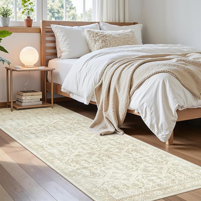 Soalmost Washable Runner Rug, 2'6" x 8' Non-Slip Kitchen Vintage Foldable 2.5x8ft Hallway Runners for Entryway, Laundry, Bedroom, Beige/Brown