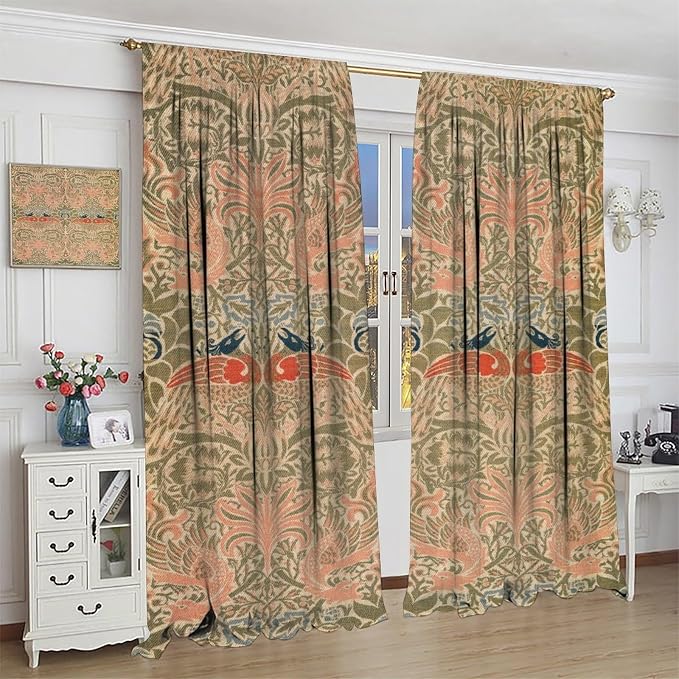 Retro Bohemian William Morris Blackout Window Curtains, Vintage Peacock Abstract Art Pattern Print Window Drapes, for Bedroom Living Room 42(W)*84(L) 2 Panels