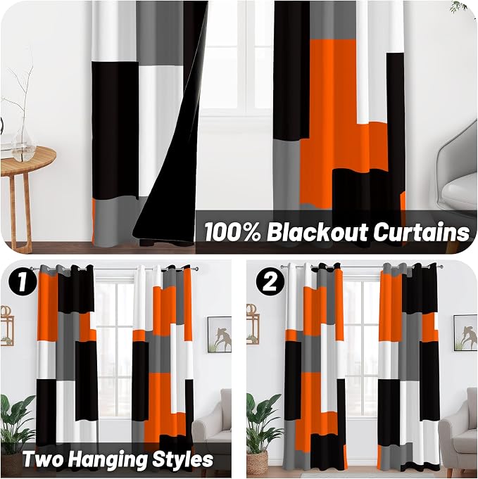 Tyrot Orange 100% Blackout Curtains for Bedroom 108 inch Extra Long 2 Panels Set Black White Grey Modern Abstract Geometric Black Out Curtains Room Darkening Window Drapes for Living Room, 52Wx108L