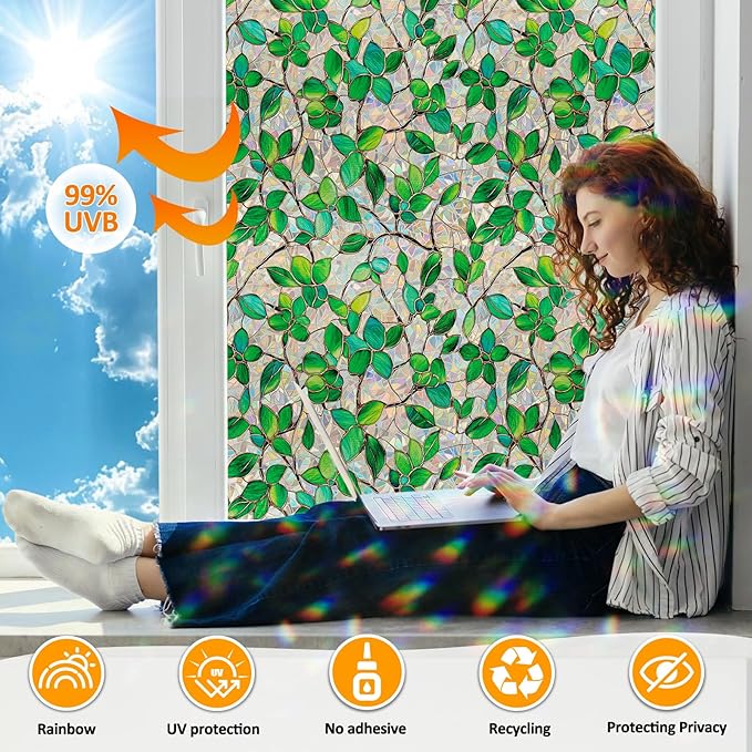 COUNTEWOL Window Privacy Film with Installation Tools Home Decorative Colored Glass Window Stickers Reusable electrostatic Rainbow Stickers (Greenery Leaf, 45.2 x 78.7 in)
