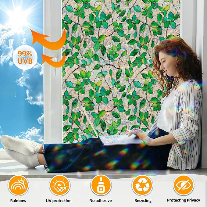 COUNTEWOL Window Privacy Film with Installation Tools Home Decorative Colored Glass Window Stickers Reusable electrostatic Rainbow Stickers (Greenery Leaf, 45.2 x 157.4 in)