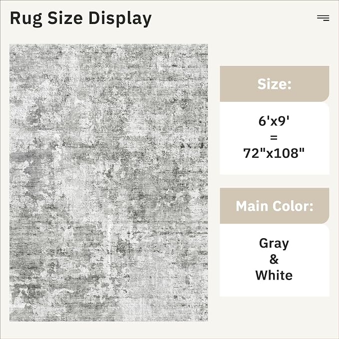 Soalmost 6x9 Abstract Area Rugs for Living Room 6 x 9 Washable Non Slip Low Pile Gray Rugs for Bedroom Dining Room Foldable Thin Gray White
